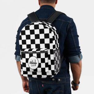 Chequered Black and White geometric retro Monogram Printed Backpack
