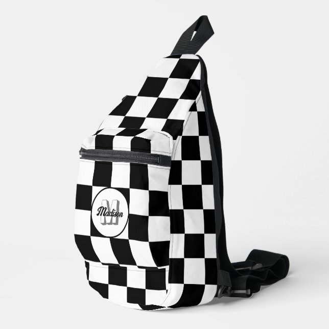 Chequered Black and White geometric retro Monogram Sling Bag (Right Corner)