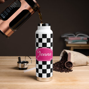 Chequered black and white hot pink label water bottle