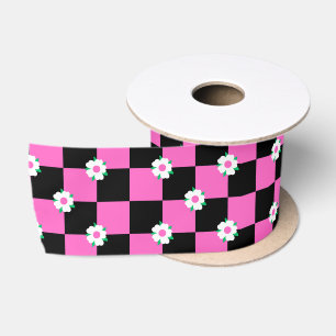 Chequered black pink flowers satin ribbon