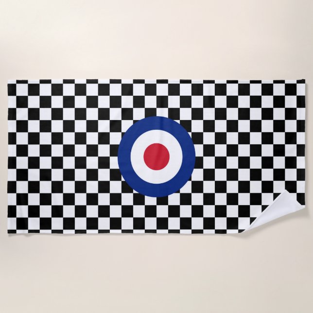Chequered Black Racing Target Mod Roundel Beach Towel (Front)