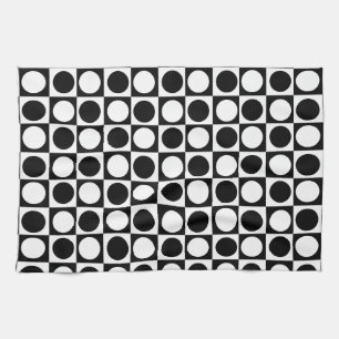 Chequered Black White Circles Pattern Design  Tea Towel