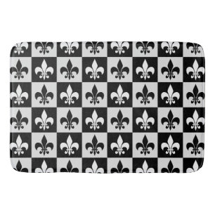 Chequered Black White Fleur-De-Lis Pattern Bath Mat