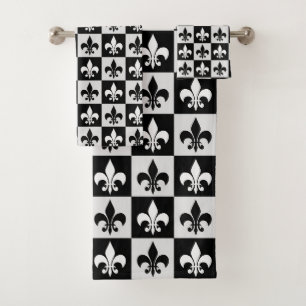 Chequered Black White Fleur-De-Lis Pattern Bath Towel Set