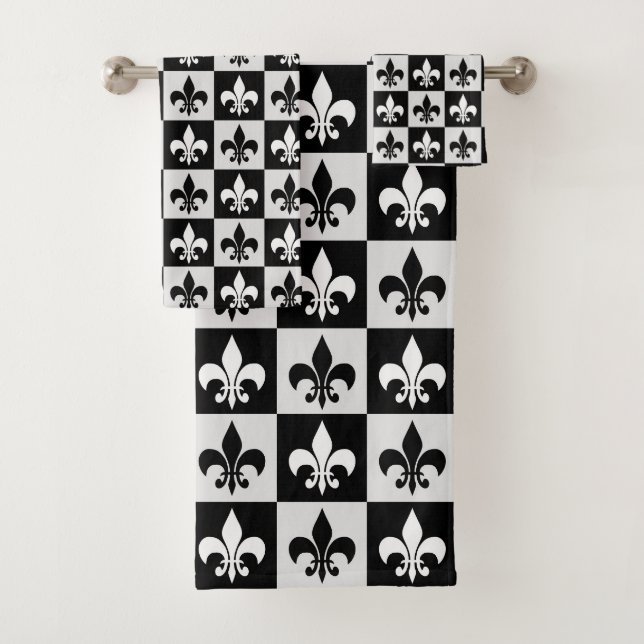 Chequered Black White Fleur-De-Lis Pattern  Bath Towel Set (Insitu)
