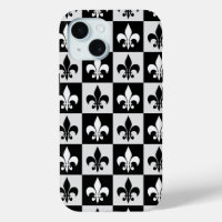 Chequered Black White Fleur-De-Lis Pattern 