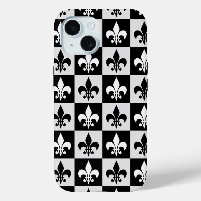 Chequered Black White Fleur-De-Lis Pattern  Case-Mate iPhone Case (Back)