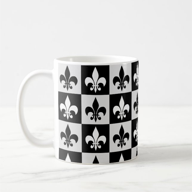 Chequered Black White Fleur-De-Lis Pattern  Coffee Mug (Left)