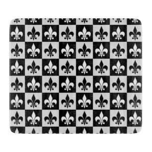 Chequered Black White Fleur-De-Lis Pattern  Cutting Board
