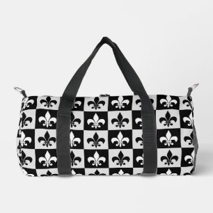 Chequered Black White Fleur-De-Lis Pattern Duffle Bag