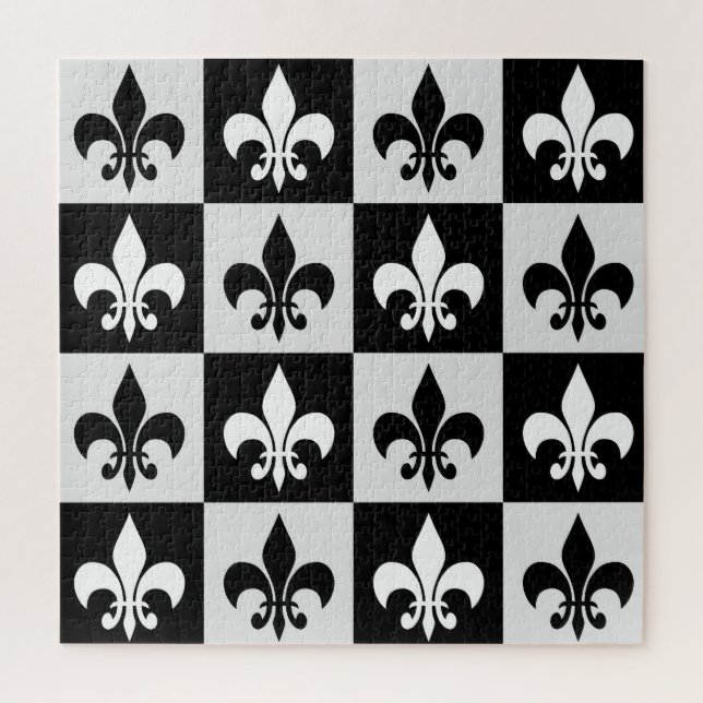 Chequered Black White Fleur-De-Lis Pattern  Jigsaw Puzzle (Vertical)
