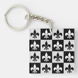 Chequered Black White Fleur-De-Lis Pattern Key Ring