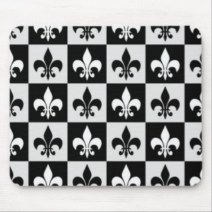 Chequered Black White Fleur-De-Lis Pattern Mouse Mat