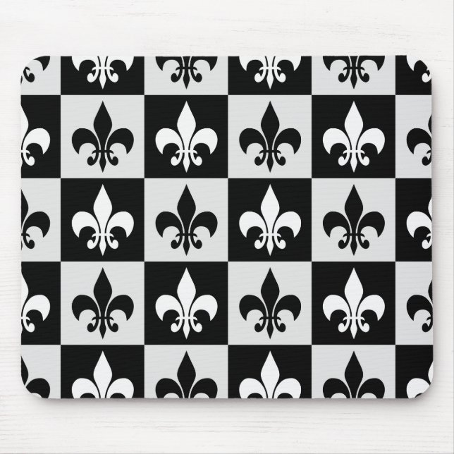 Chequered Black White Fleur-De-Lis Pattern  Mouse Mat (Front)