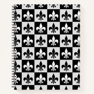Chequered Black White Fleur-De-Lis Pattern Notebook