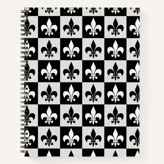 Chequered Black White Fleur-De-Lis Pattern  Notebook (Front)