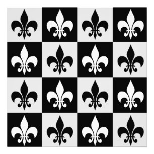 Chequered Black White Fleur-De-Lis Pattern Photo Print