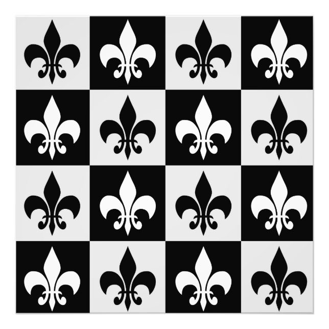 Chequered Black White Fleur-De-Lis Pattern  Photo Print (Front)