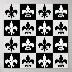 Chequered Black White Fleur-De-Lis Pattern Poster