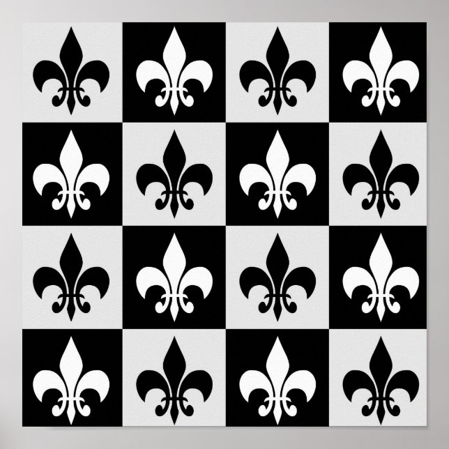 Chequered Black White Fleur-De-Lis Pattern  Poster (Front)