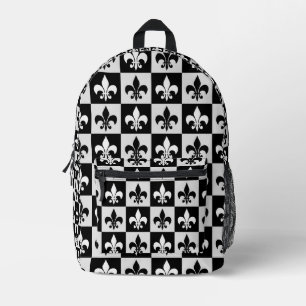 Chequered Black White Fleur-De-Lis Pattern  Printed Backpack