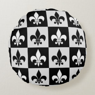 Chequered Black White Fleur-De-Lis Pattern Round Cushion