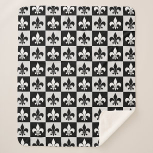 Chequered Black White Fleur-De-Lis Pattern  Sherpa Blanket
