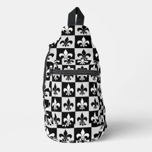 Chequered Black White Fleur-De-Lis Pattern  Sling Bag