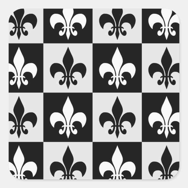 Chequered Black White Fleur-De-Lis Pattern  Square Sticker (Front)