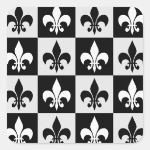 Chequered Black White Fleur-De-Lis Pattern Square Sticker