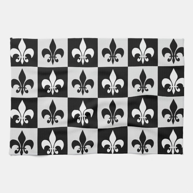 Chequered Black White Fleur-De-Lis Pattern  Tea Towel (Horizontal)