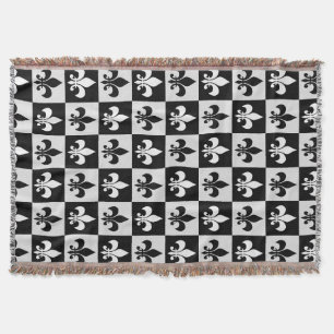 Chequered Black White Fleur-De-Lis Pattern Throw Blanket