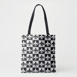 Chequered Black White Fleur-De-Lis Pattern Tote Bag