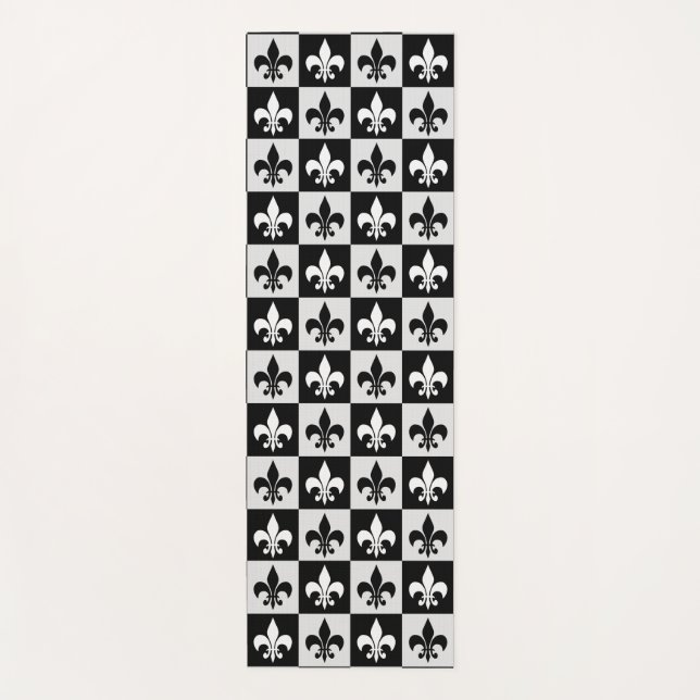 Chequered Black White Fleur-De-Lis Pattern  Yoga Mat (Front)