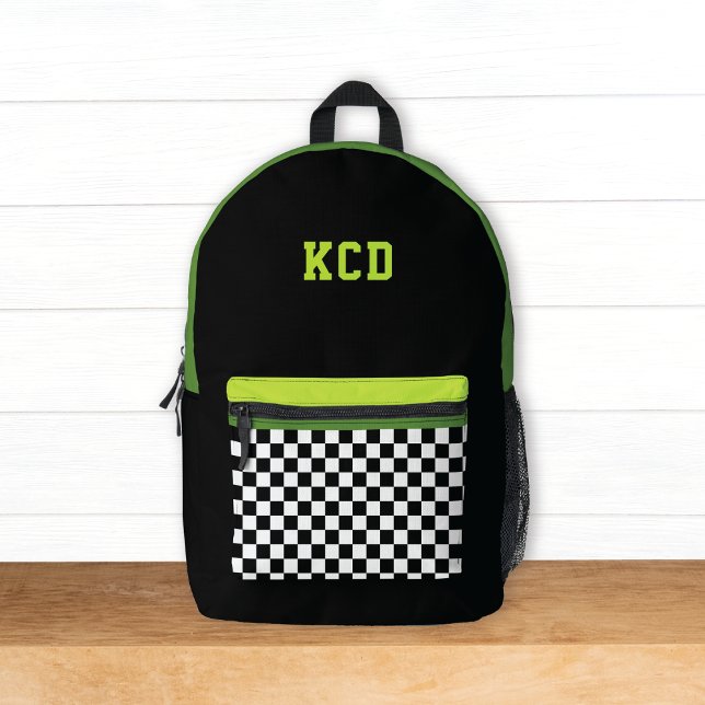 Chequered Black White Green Monogram Initials Kids Printed Backpack (Creator Uploaded)