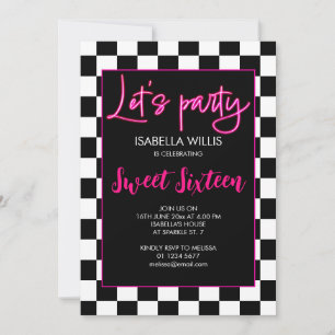 Chequered Black White Lets party Sweet 16 photo Invitation