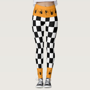 Chequered black white orange Halloween spiders Leggings