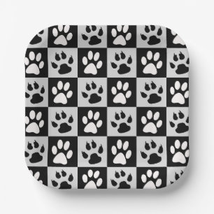 Chequered Black White Paws and Claws Paper Plate