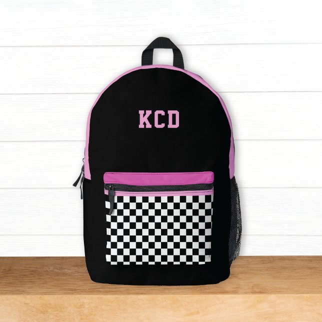 Chequered Black White Pink Monogram Initials Kids Printed Backpack (Creator Uploaded)
