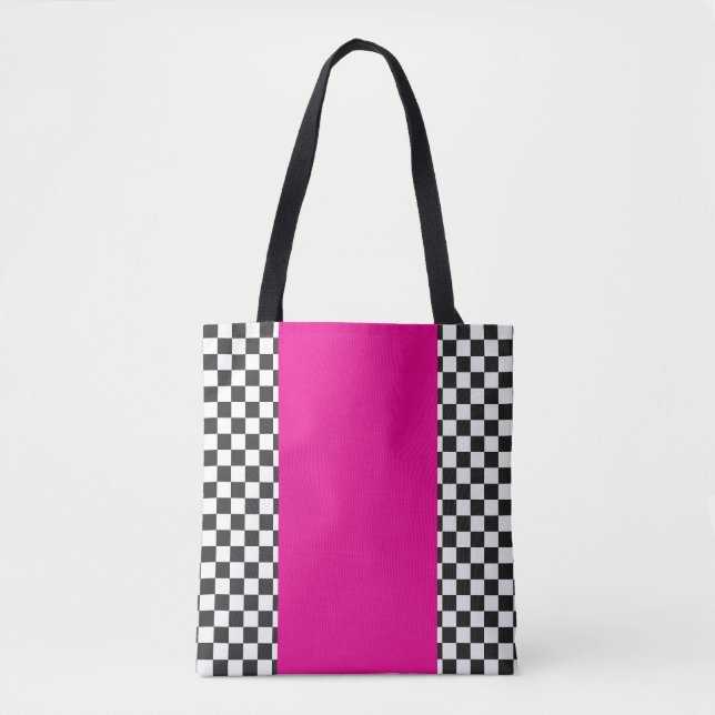 Chequered black white pink tote bag (Front)