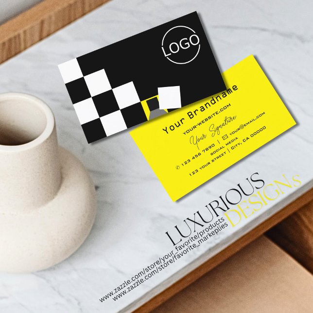 Chequered Black White Yellow Modern with Logo Cool Business Card (Creator Uploaded)