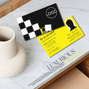 Chequered Black White Yellow with Logo and Photo Business Card