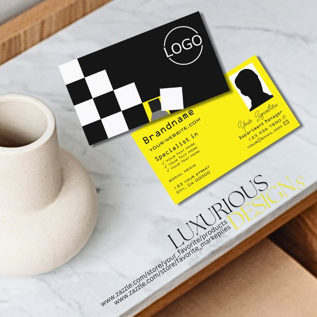 Chequered Black White Yellow with Logo and Photo Business Card (Creator Uploaded)