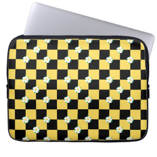 Chequered black yellow white flowers laptop sleeve