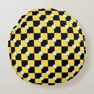 Chequered black yellow white flowers round cushion
