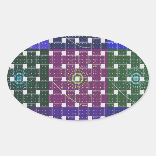 Chequered Blue and Purple Art Print Oval Sticker (Front)