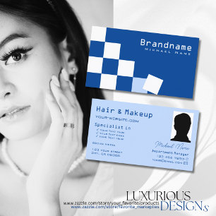 Chequered Blue and White Modern with Photo Stylish Business Card