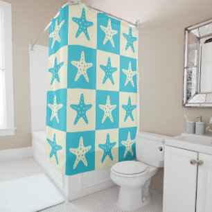 Chequered Blue and White Starfish Pattern Shower Curtain