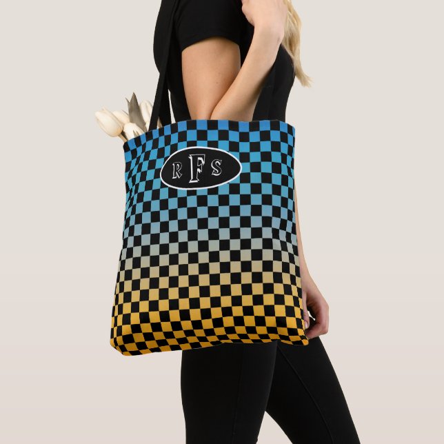 Chequered Blue and Yellow Sunset Monogram Tote Bag (Close Up)