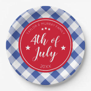 Chequered Blue Gingham 4th of July Family Party Paper Plate